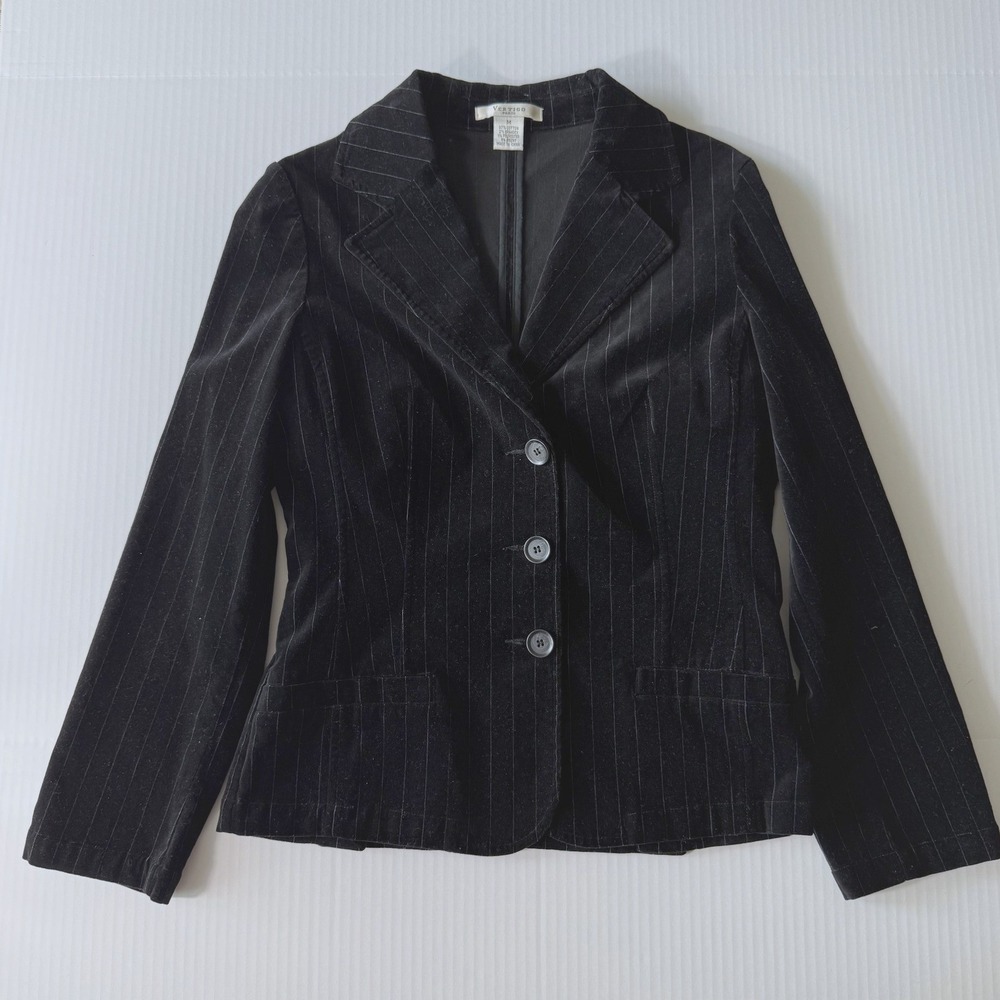 Vertigo Paris Black Pinstripe Velvet Blazer Womens Size M Corduroy Jacket